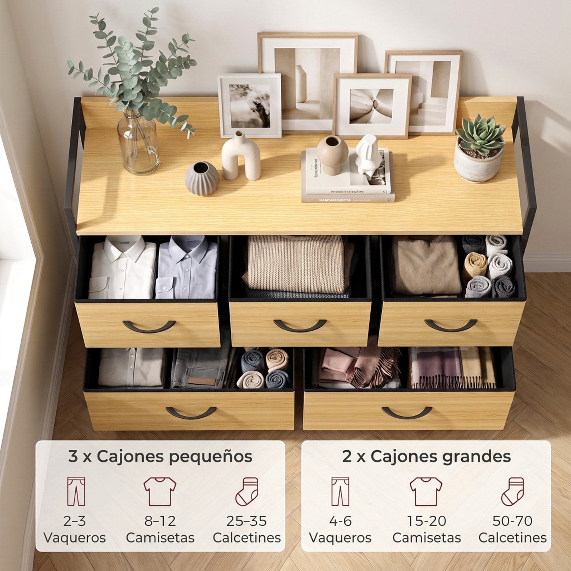 Mueble Organizador Cajonera de Tela con Cajones Plegables Estante Abierto y Marco de Acero Estilo Industrial para Salón Recibidor Dormitorio 98x29x63 cm, Roble
