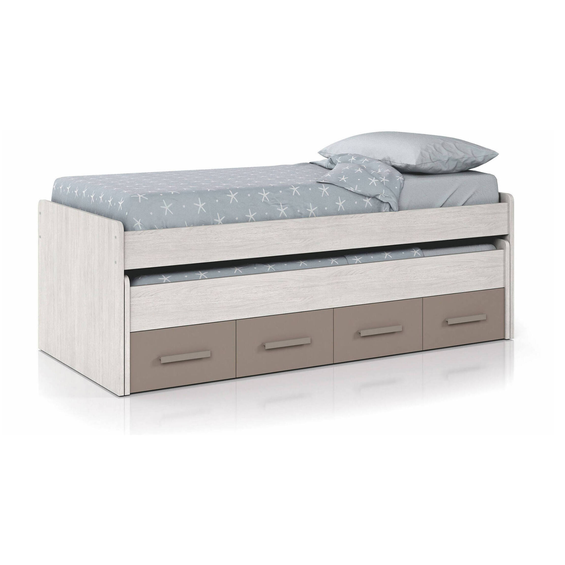 Letto singolo Spokane, Struttura letto per cameretta, Letto singolo con lettino estraibile e 4 cassettoni, cm 198x96h69, Bianco e Marrone