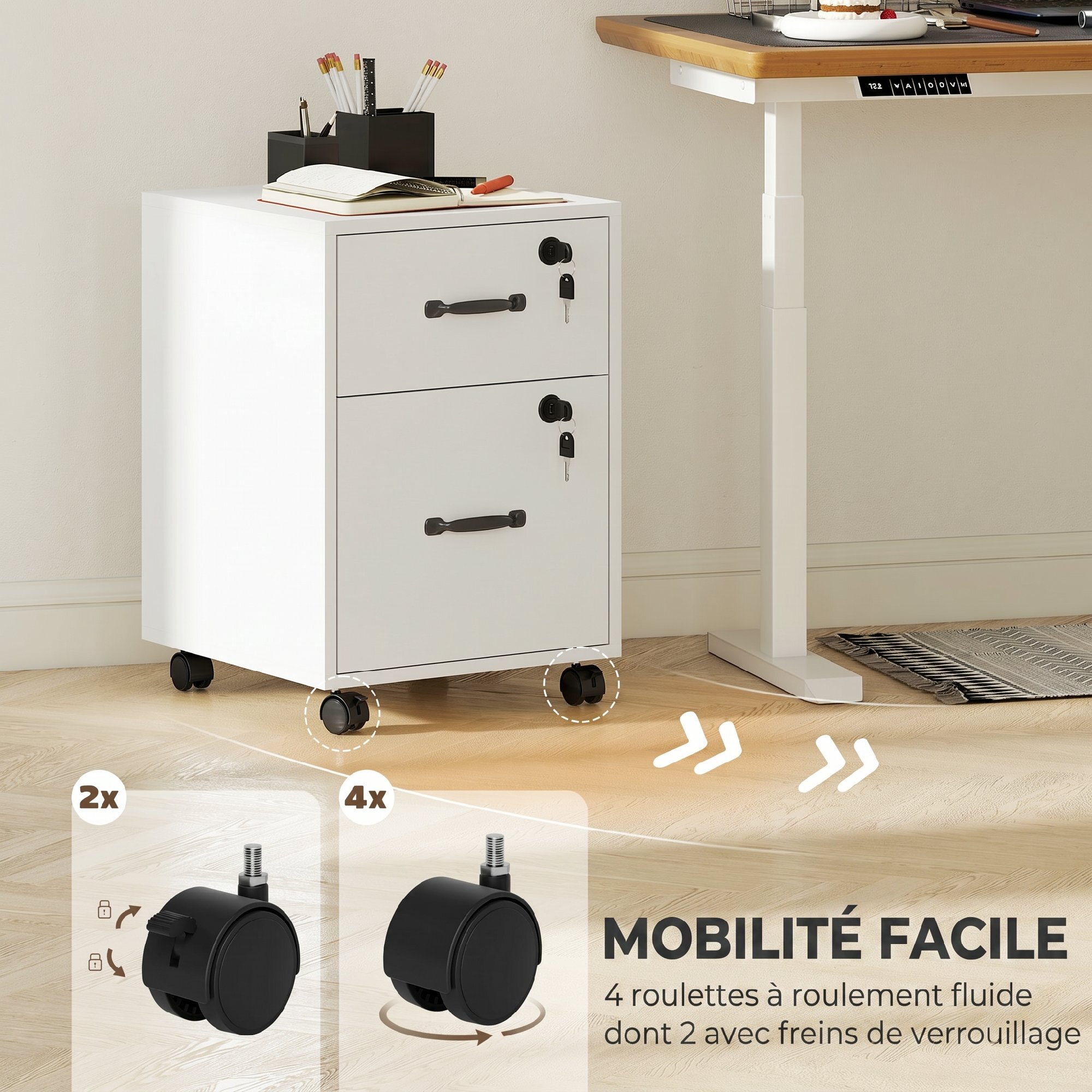 Caisson bureau verrouillable mobile 2 tiroirs coulissants trieur dossiers blanc