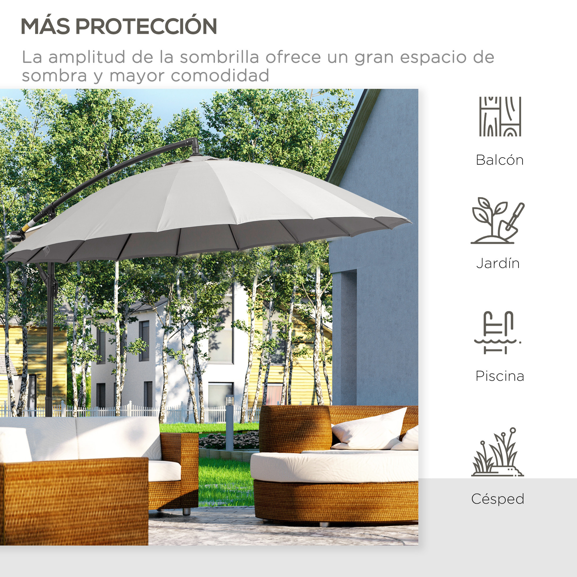 Sombrilla Jardín Ø300 cm con Manivela Manual Ángulo Ajustable Base Cruzada Gris