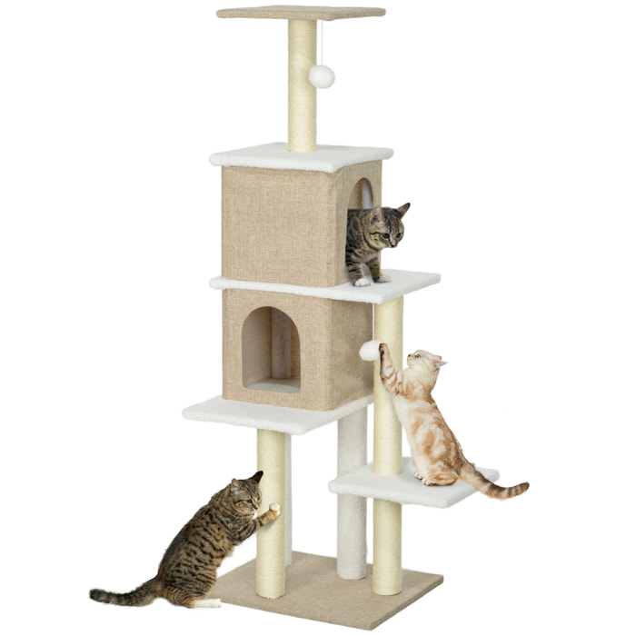 Árbol Rascador para Gatos de Borreguito Altura 140 cm Árbol para Gatos Torre para Gatos con 2 Nidos Plataformas Bolas Colgantes y Poste de Sisal Marrón Claro