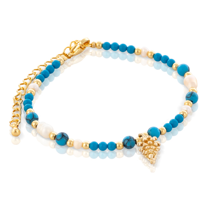 Salacia Pulsera de perlas naturales, turquesas y colgante con diseño de pinón, cierre de mosquetón.