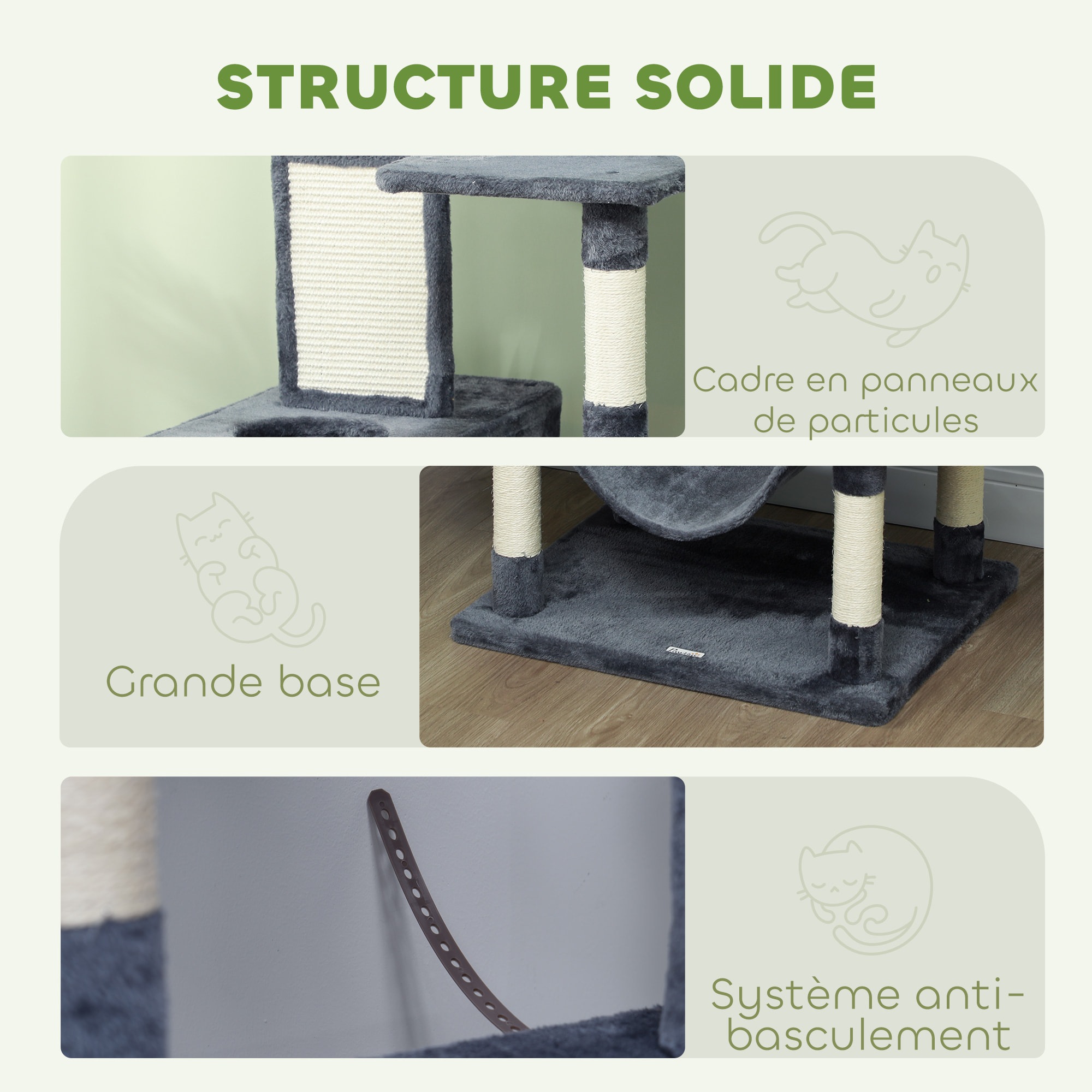 Arbre à chat grande taille H.206 cm équipement et accessoires multiples sisal naturel peluche gris