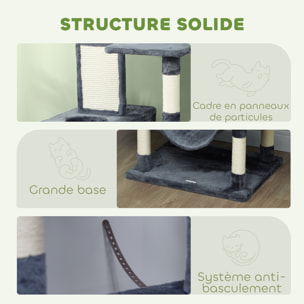 Arbre à chat grande taille H.206 cm équipement et accessoires multiples sisal naturel peluche gris
