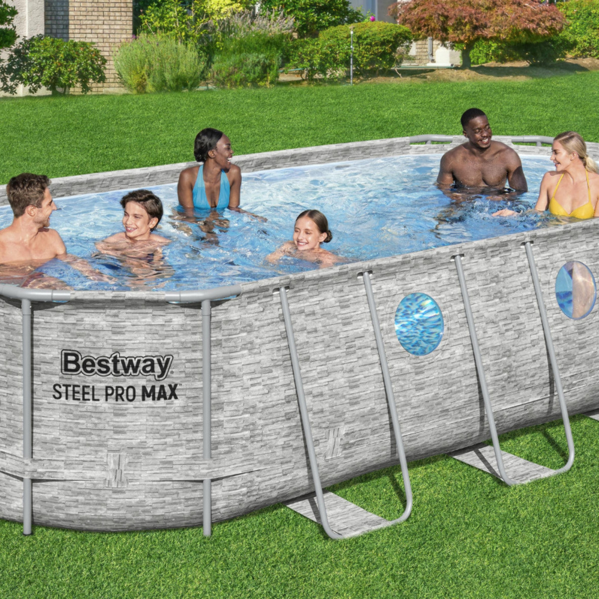 Bestway Piscine hors sol tubulaire ovale Bestway Power Steel Swim Vista 549 x 274 x 122 cm décor pierres