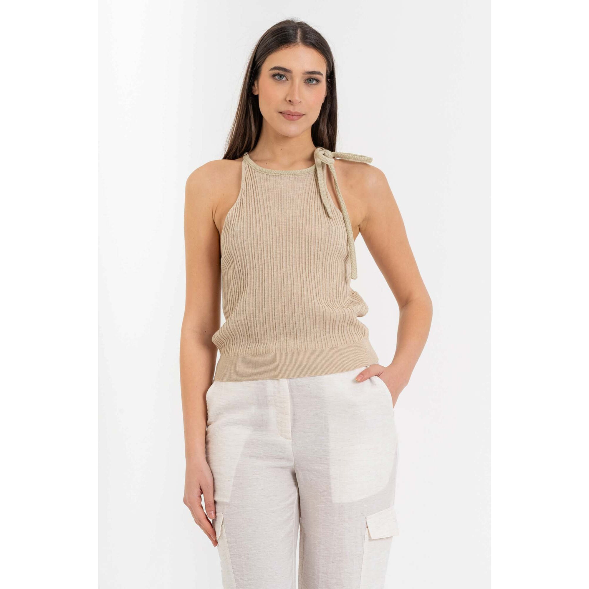 Kocca - Top da donna in maglia di viscosa a costine con nodo Donna