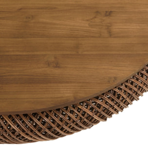 SIXTINE - Table basse en rotin couleur marron et bois de teck recyclé D100cm