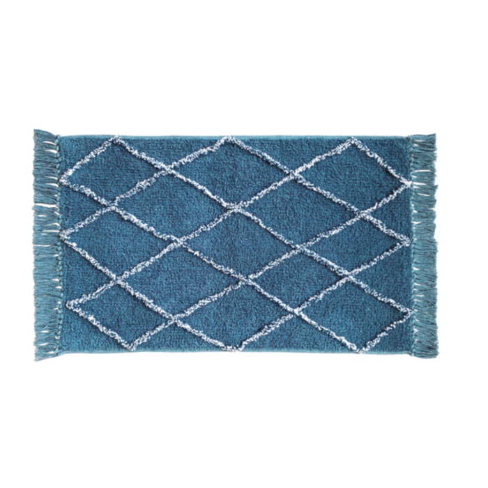 Tapis rectangulaire bleu style berbère avec franges - MOMBA