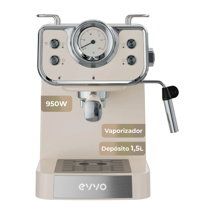 EVVO Cafetera Express Intensa Retro. 15 bares. cuerpo de acero. Espressos y Capuccinos. 950W. Doble salida. Portafiltros. Depósito de 1.5 l. calentamiento rápido