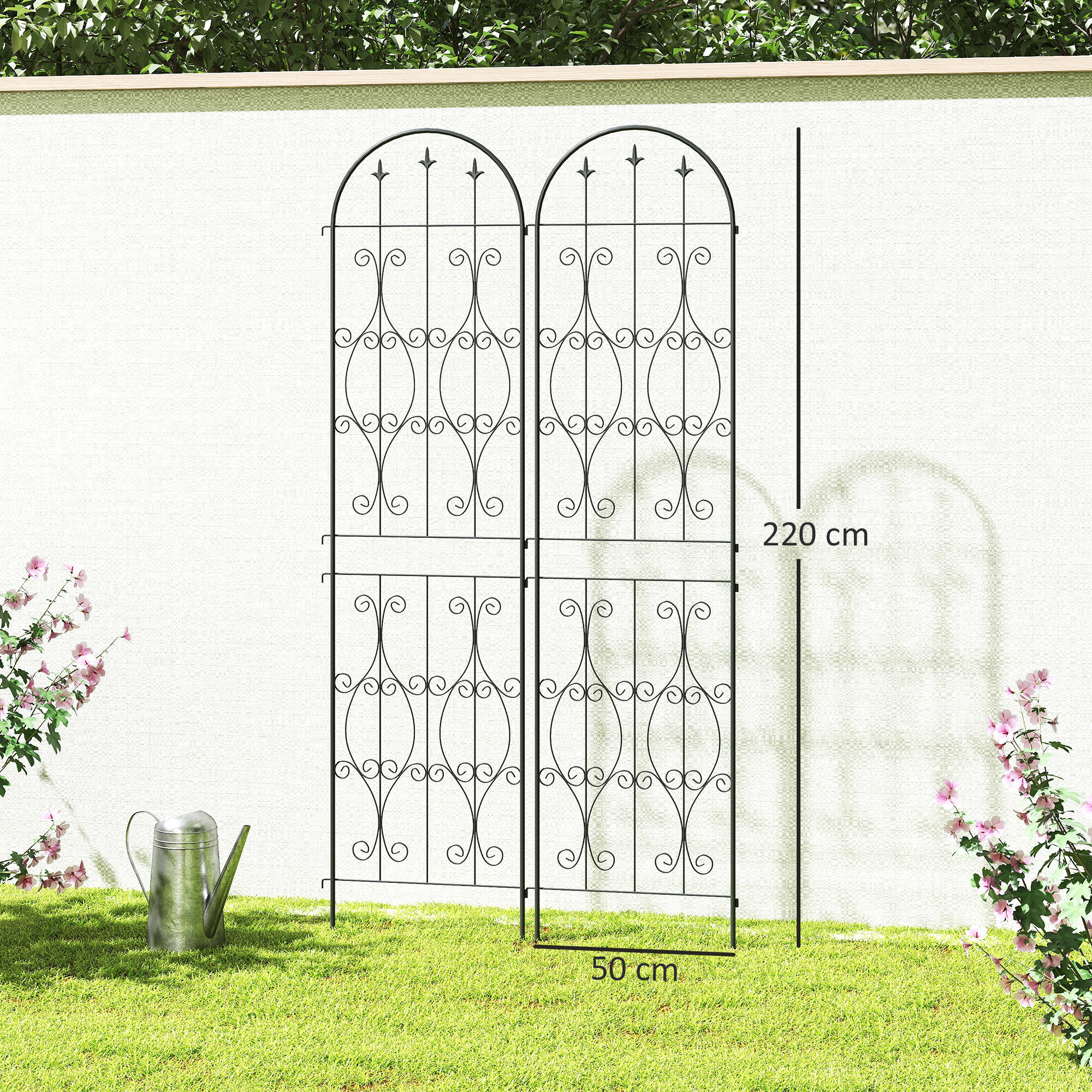 Treillis de jardin effet fer forgé pointe de fleur de lys  - 2 supports plantes grimpantes - 50 x 220 cm - métal époxy noir