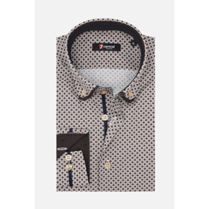 Camicia Uomo 1 Bottoni Button Down Slim Popeline Stampato bianco e marrone chiaro