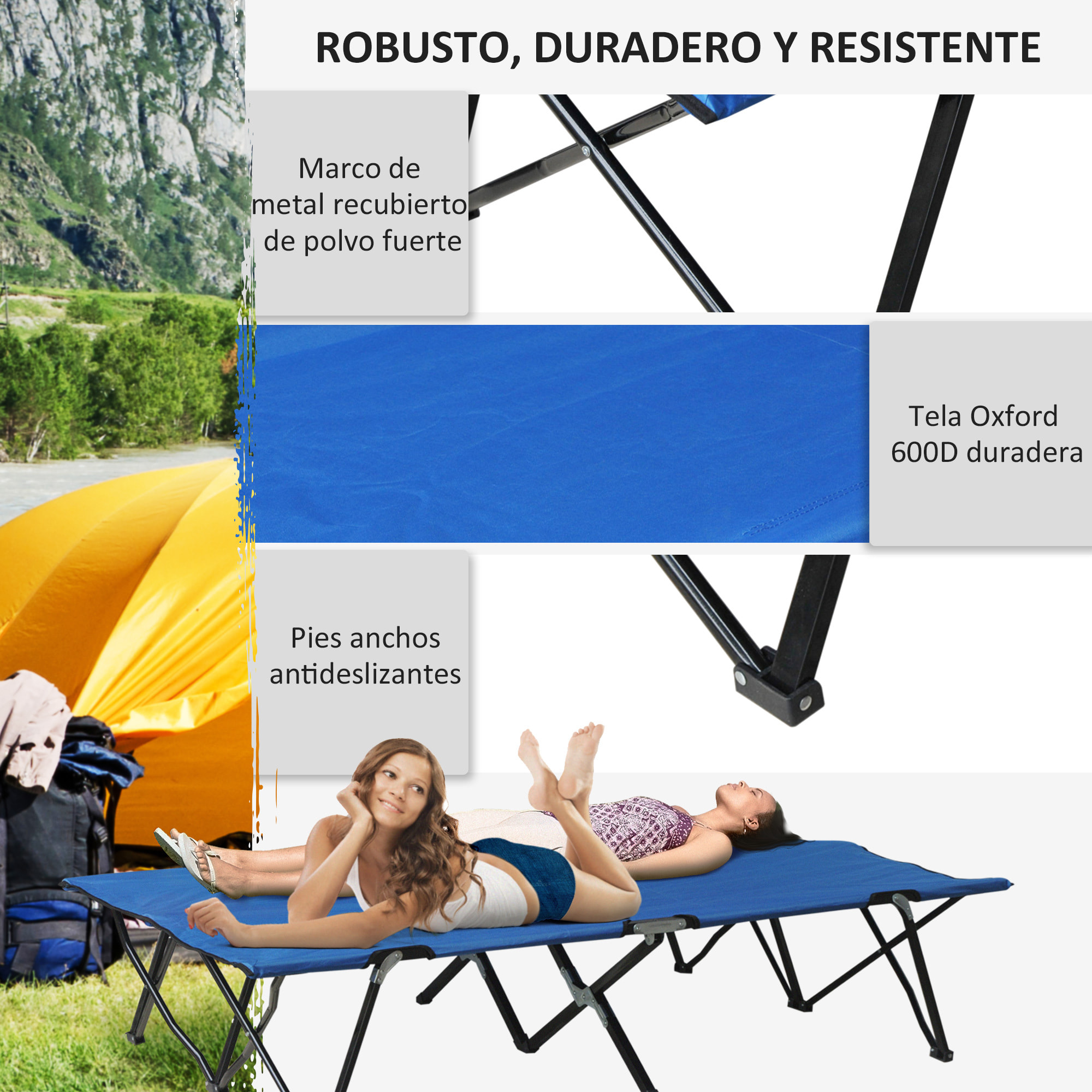 Cama de Camping Plegable Cama de Acampada con Bolsa de Transporte y Marco Metálico Carga 136 kg para Playa Senderismo 193x125x40 cm Azul