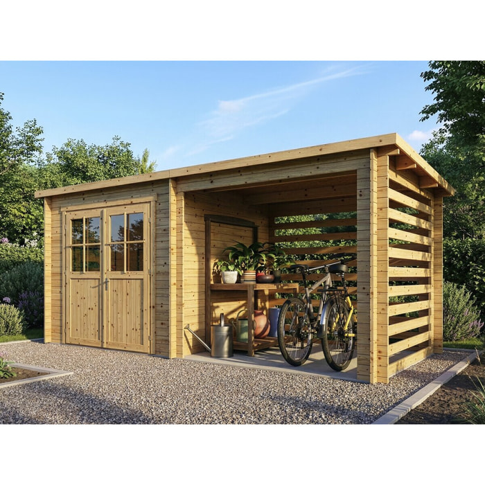 Abri de jardin bois avec appentis "Aureval" - 11m² - 2.24 x 5.01 x 2.07 m - 28 mm
