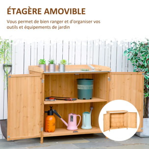 Armoire de jardin sur pied table de rempotage 2 en 1 - double porte, étagère, plateau tôle acier galvanisé - bois de cèdre pré-huilé