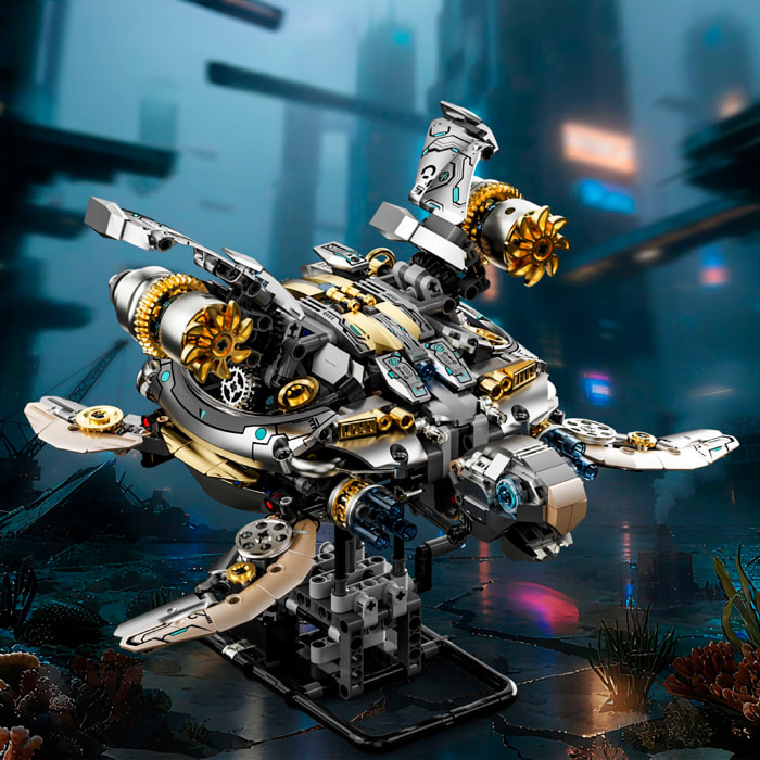 Maqueta 3D mecanizada de tortuga con 1277 piezas, equipada con luces y mecanismo de manivela que permite movimiento dinámico.