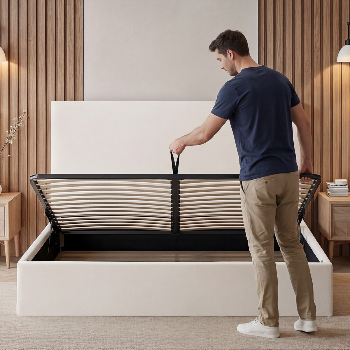 Lit Coffre Nemesis en Velours Beige, Grand espace de rangement, avec Tête de Lit, Sommier à Lattes Actives, Design et confortable