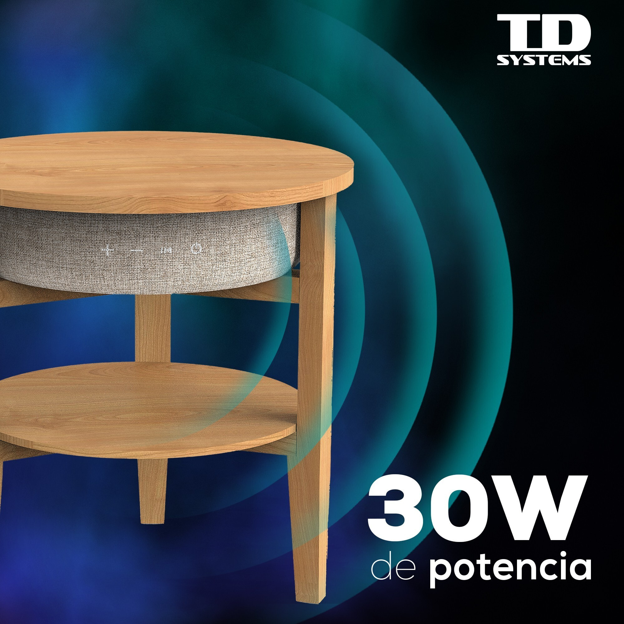 Mesa auxiliar altavoz portátil con sonido de 30W, Bluetooth, base de carga inalámbrica, batería de 2200mAh. Mesilla o mesita para dormitorio o sala de estar - TD Systems SM30B11WC8B [Madera cerezo]