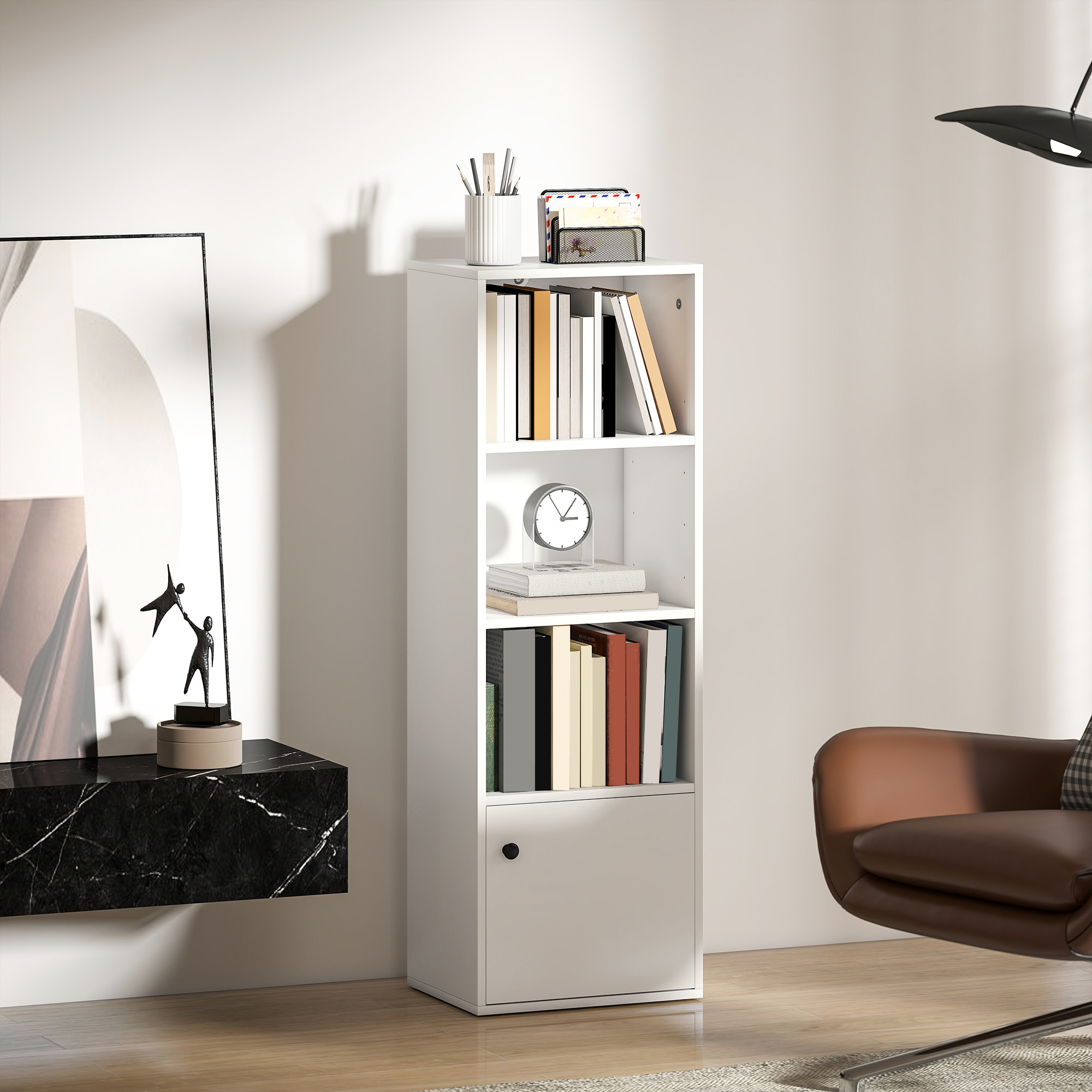 Librería de 4 Niveles, Estantería para Libros con Estantes Ajustables y Puerta, Estantería Moderna, 40x30x120 cm, para Salón, Dormitorio, Estudio, Oficina, Blanco