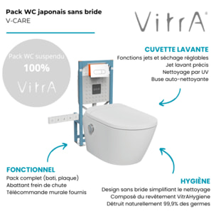 Pack WC lavant suspendu sans bride avec abattant et attentes électriques V-Care Ultra blanc + bâti autoportant V-Fix Easy + plaque blanche