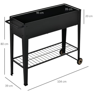 Jardinière sur pieds potager dim. 104L x 39l x 80H cm étagère 2 roues + insert d'irrigation métal noir
