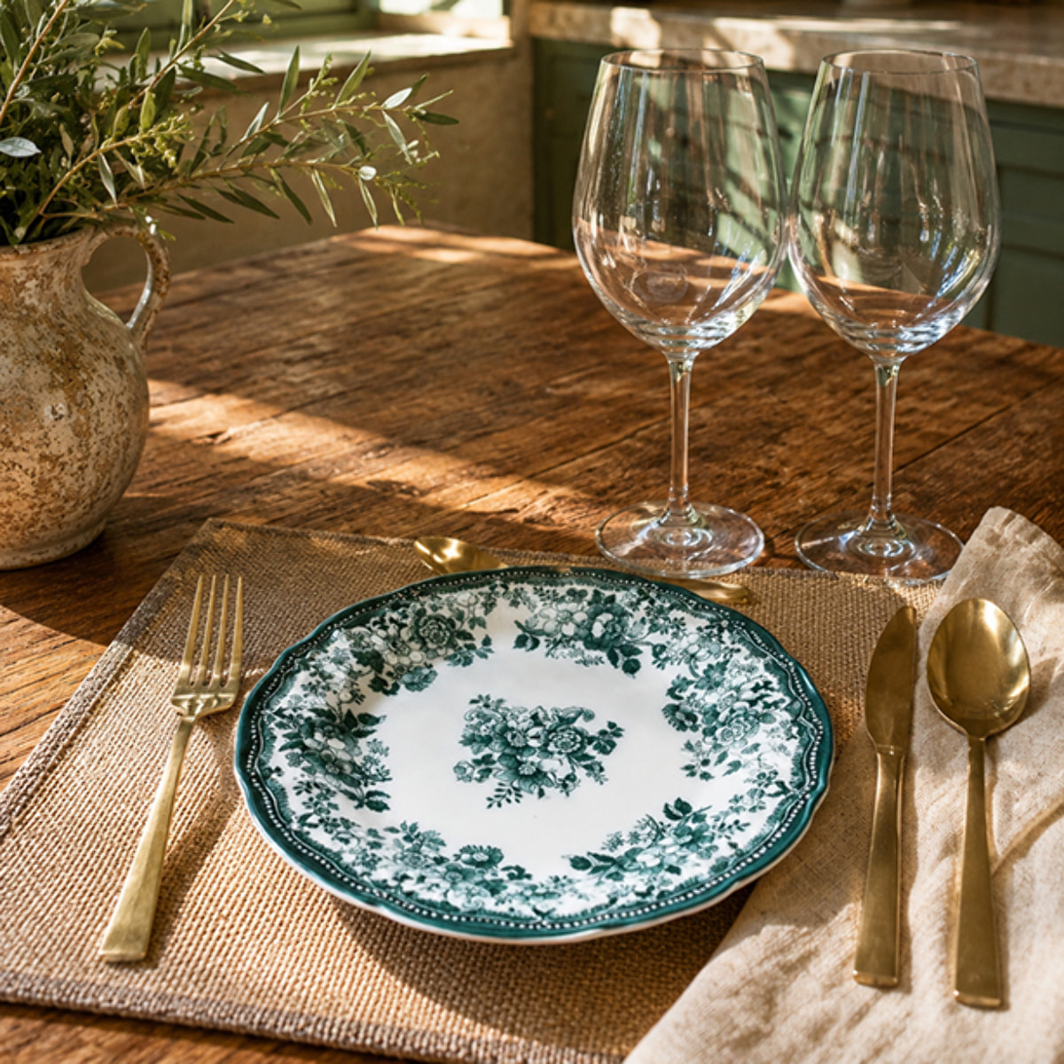 Lot de 6 assiettes plates fleuries en grès vert 26cm FAUSTINE