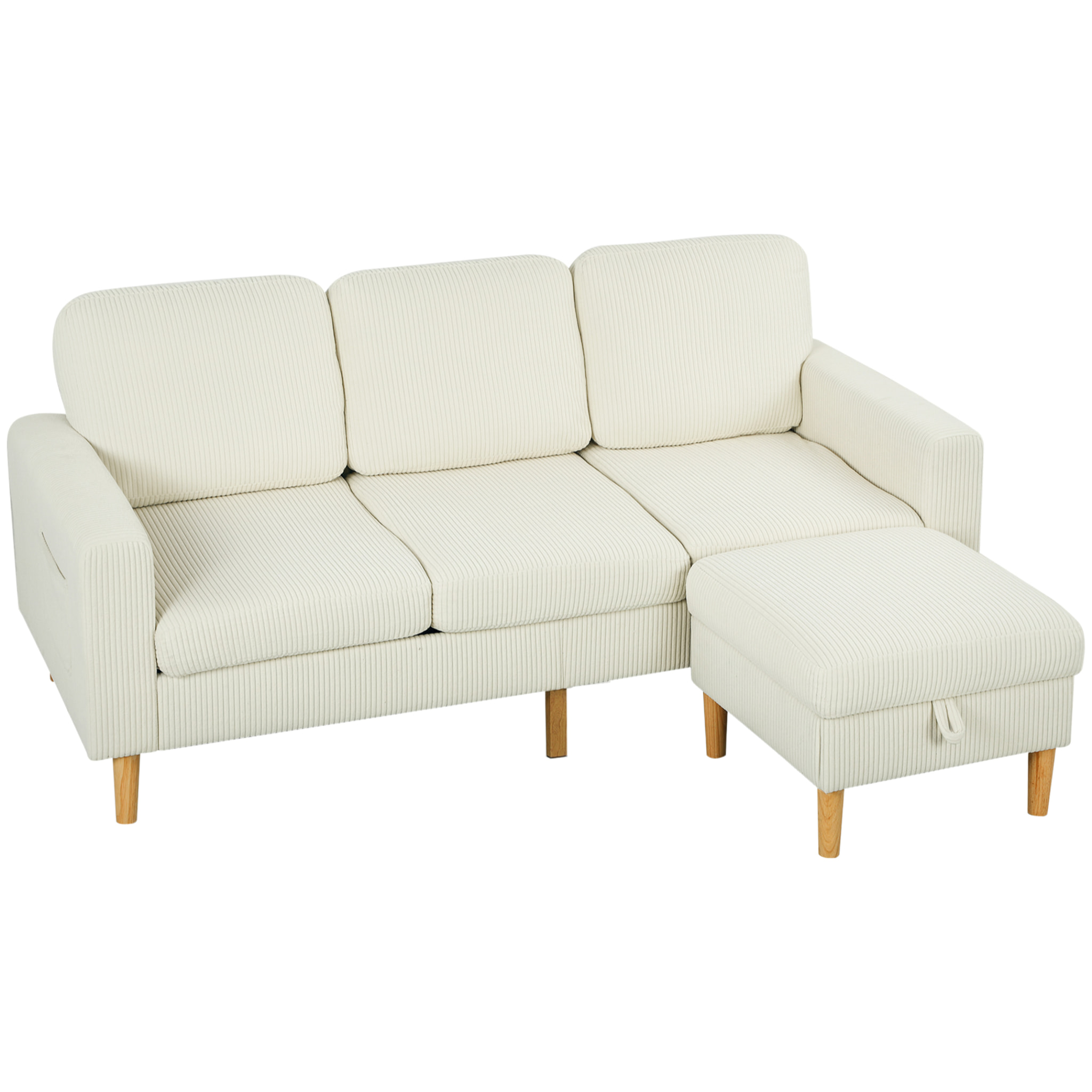 Canapé 3 places velours côtelé style nordique avec repose-pieds coffre coussins déhoussables beige clair