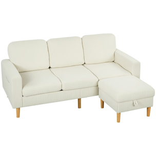 Canapé 3 places velours côtelé style nordique avec repose-pieds coffre coussins déhoussables beige clair