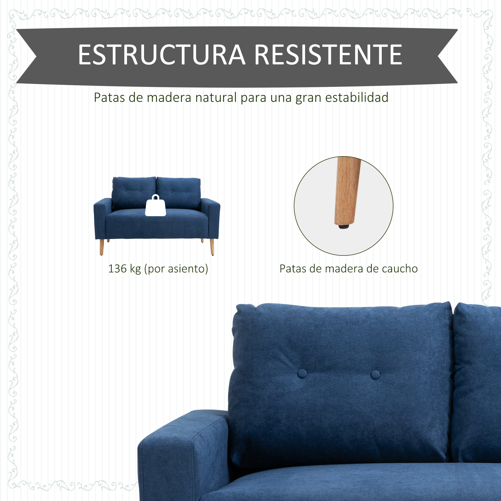 Sofá de 2 Plazas Sillón Moderno Tapizado en Poliéster con 2 Cojines Reposabrazos y Patas de Madera de Caucho para Dormitorio Oficina 145x76x88 cm Azul