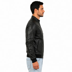 Giubbino in vera pelle di vitello foderato con trapunta invernale Nero-Slim Fit