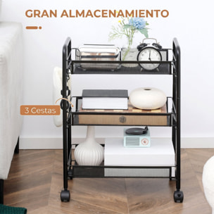Carrito Auxiliar con Ruedas, Carrito de Cocina de Acero, con 3 Cestas, Carga 9 kg, para Comedor, Sala de Estar, Baño, 45x26,5x63 cm, Negro
