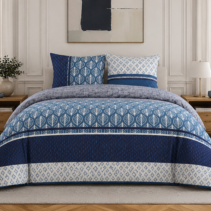 Parure housse de couette 100% percale de coton motif feuilles et graphique - TOMY