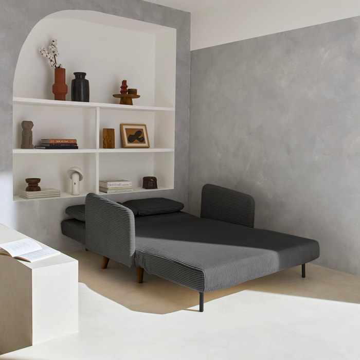 Canapé convertible en velours côtelé - Panam - 2 places scandinave. pieds bois foncé. gris foncé. banquette. dossier inclinable