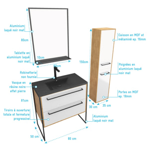 Meuble de salle de bain 80x50cm - vasque noir effet pierre 80x50cm - 2 tiroirs - colonne - miroir