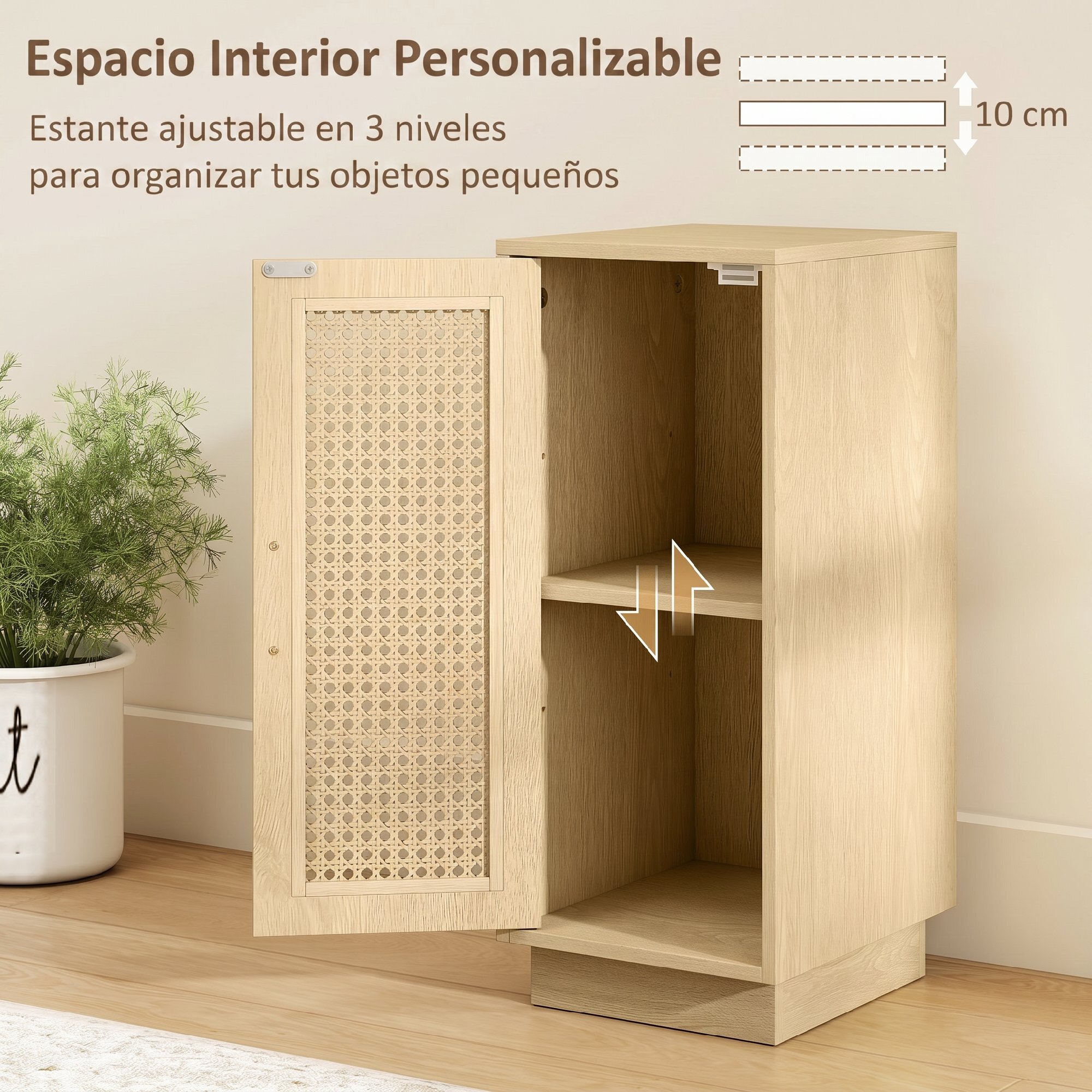 Conjunto de 2 Mesitas de Noche con Puerta de Ratán, Mesillas de Noche, Estilo Boho, con Estante Ajustable, Mesitas para Espacios Pequeños, Salón, Dormitorio, 25x30x60 cm, Madera Natural