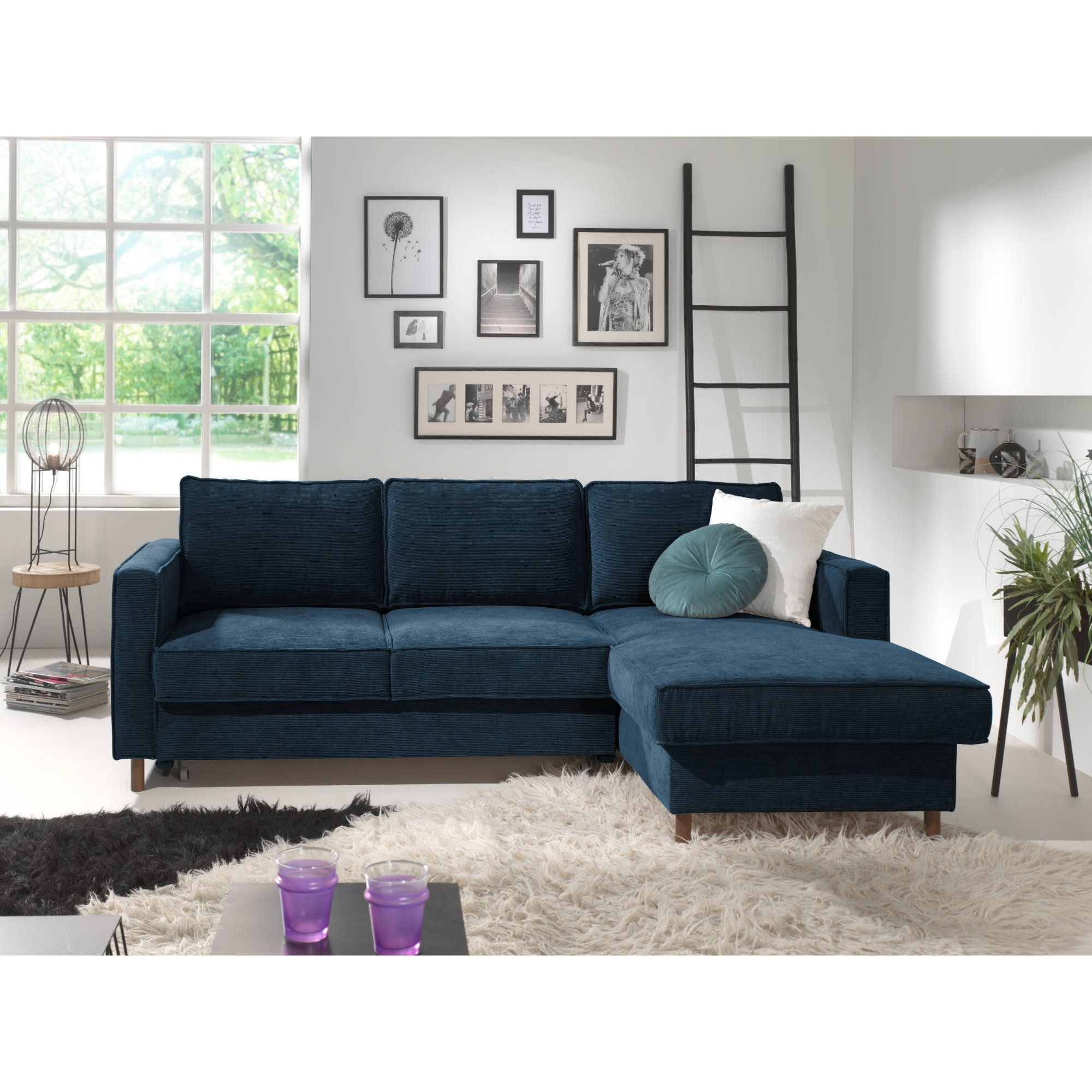 Jake - canapé d'angle droit - convertible avec coffre - 4 places - en velours côtelé - Bleu Ardoise