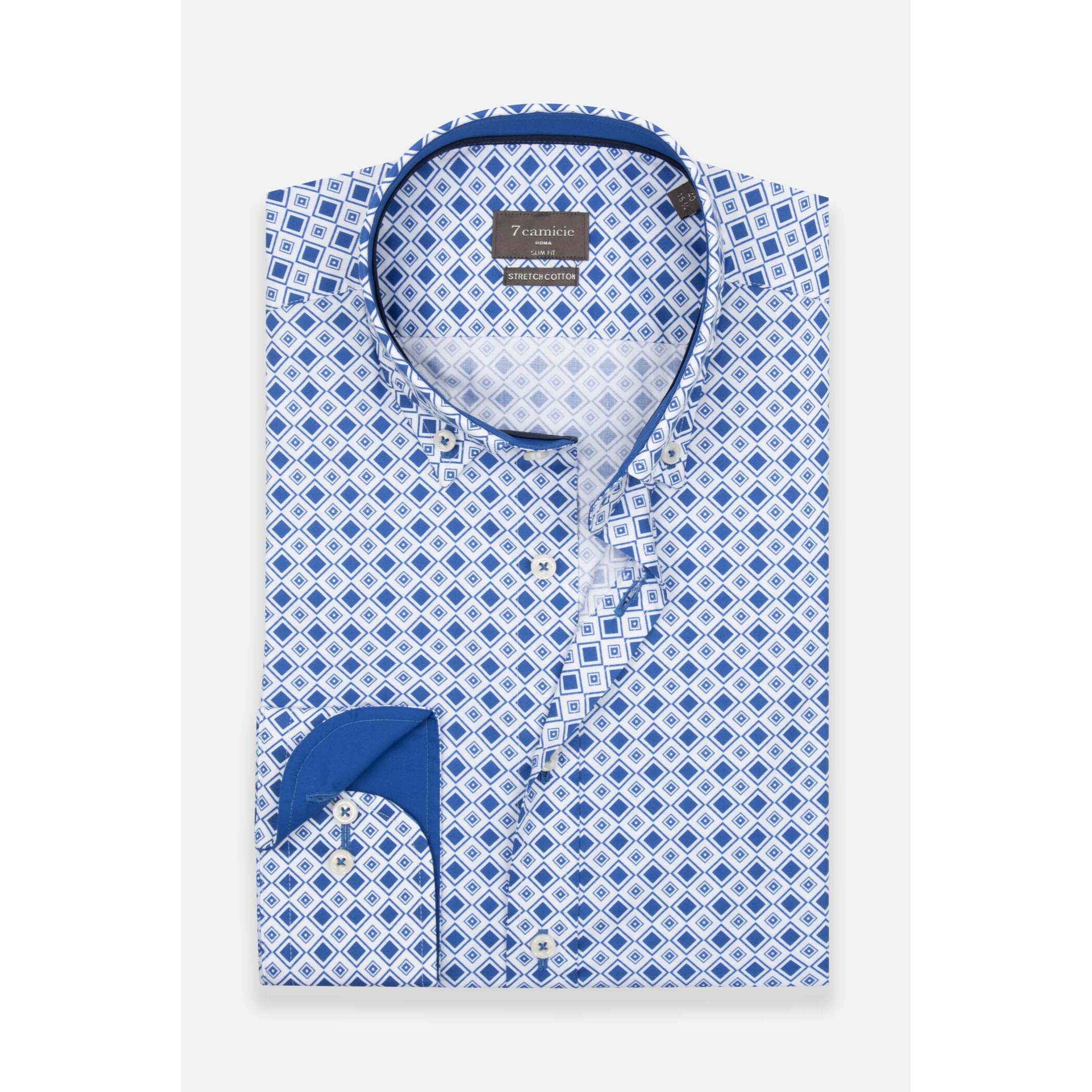 camicia uomo 1 bottone button down slim Popeline Stretch Stampato Bianco/Bluette