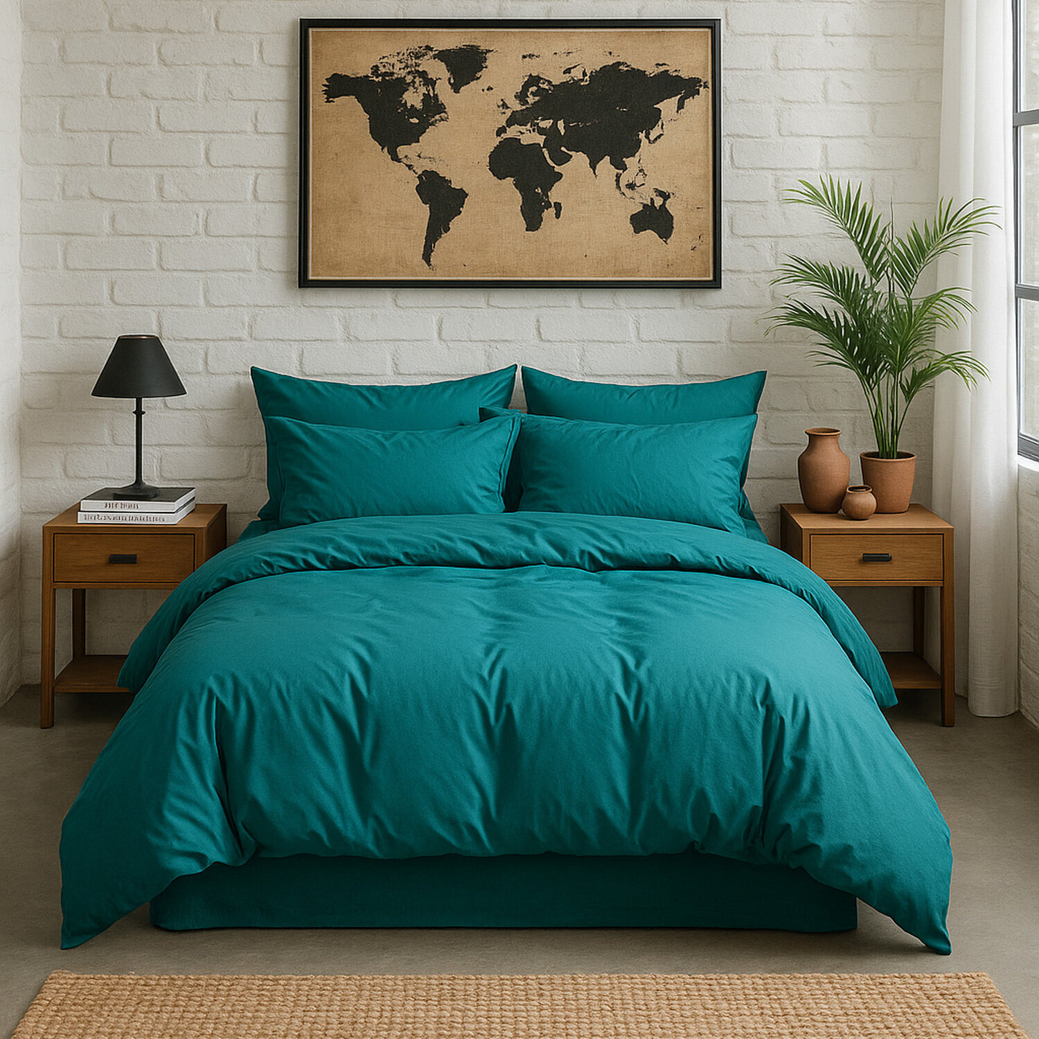 Paire de taies d'oreiller avec volant 100% percale de coton lavé bleu canard