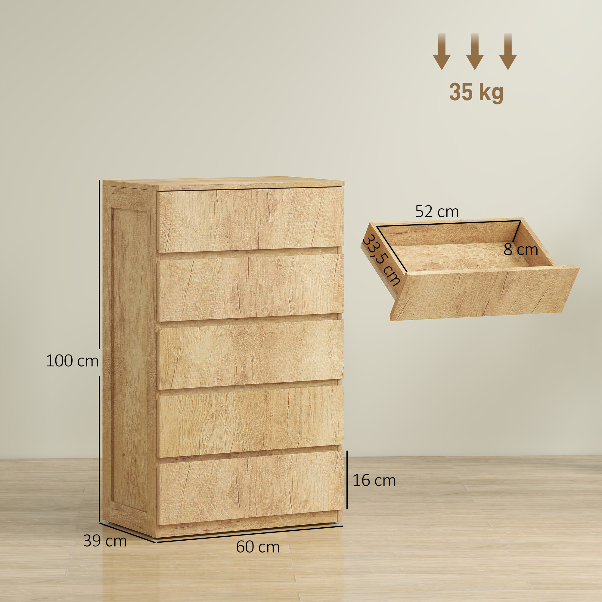 Cómoda 5 Cajones, Cómoda Dormitorio Moderna, Sinfonier, Diseño sin Tiradores, Cajonera para Sala de Estar, Comedor, Entrada, 60x39x100 cm, Madera Natural