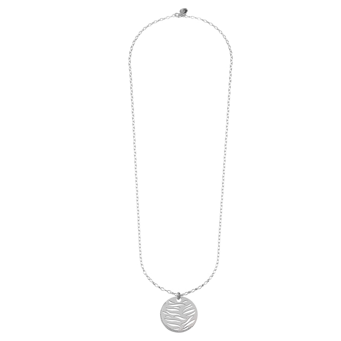 Collana Catena Forzatina Placcata Oro Bianco 18kt con Tondo Traforato Animalier e Cubic Zirconia