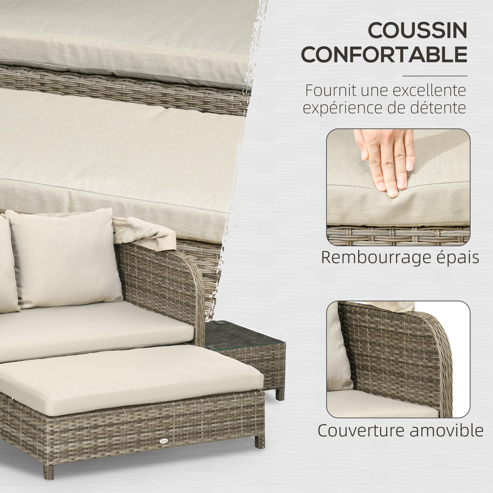 Ensemble salon de jardin 2 places 4 pcs - canapé, repose-pieds, 2 tables basses - coussins inclus - résine grise polyester kaki