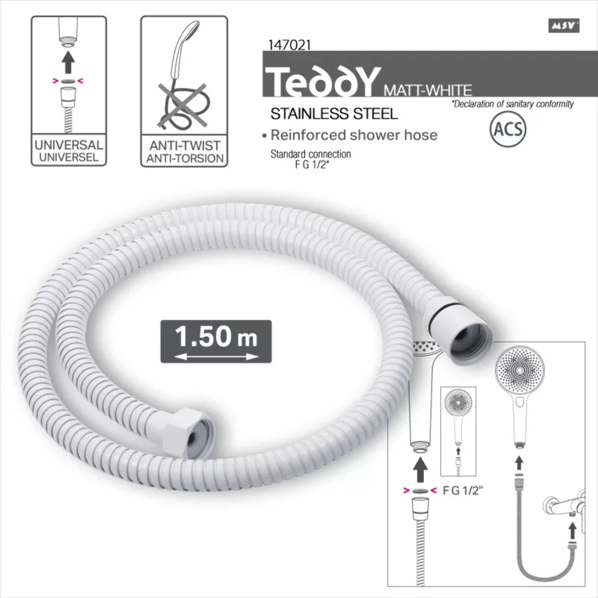 Flexible de douche MSV Teddy 1,50 m Ø14 mm – Double verrouillage anti-torsion – Blanc mat