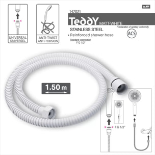 Flexible de douche MSV Teddy 1,50 m Ø14 mm – Double verrouillage anti-torsion – Blanc mat