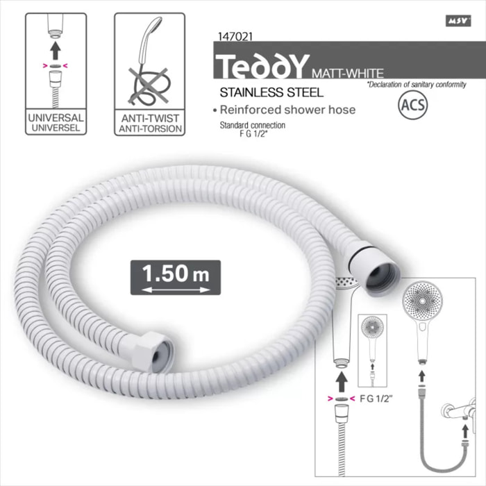 Flexible de douche MSV Teddy 1,50 m Ø14 mm – Double verrouillage anti-torsion – Blanc mat