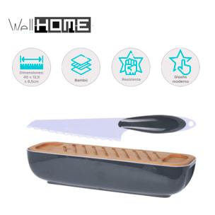 Panera de bambú con cuchillo, diseño bicolor y funda de color 40x12,5x8,5cm