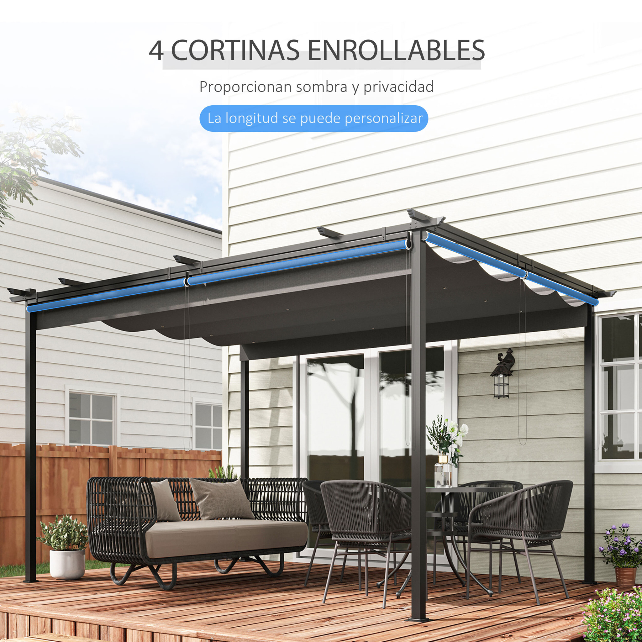 Pérgola de Jardín 4x3 m Cenador para Exterior con Techo Retráctil 4 Cortinas Enrollables de Poliéster y Marco de Metal para Patio Terraza Gris Oscuro