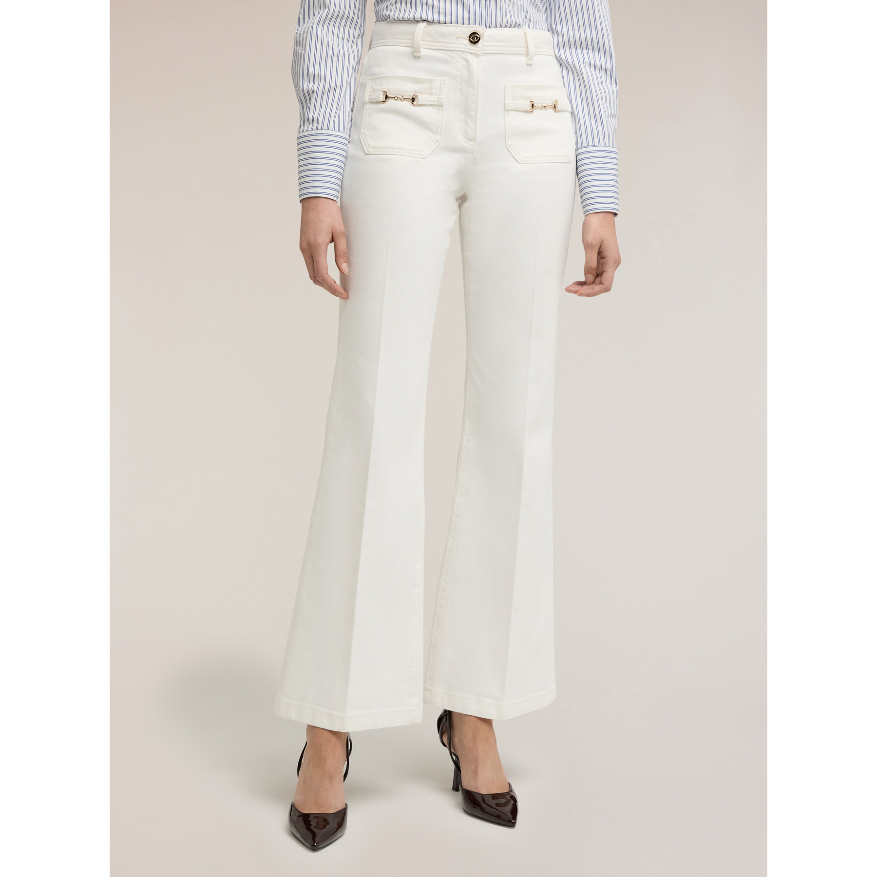 Motivi - Pantaloni flare in drill di cotone - Bianco