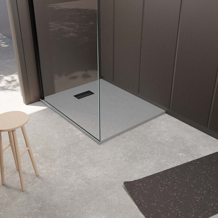 Receveur de douche Gris Effet Pierre 80x100 cm et Grille décor Linéaire Noire Mate