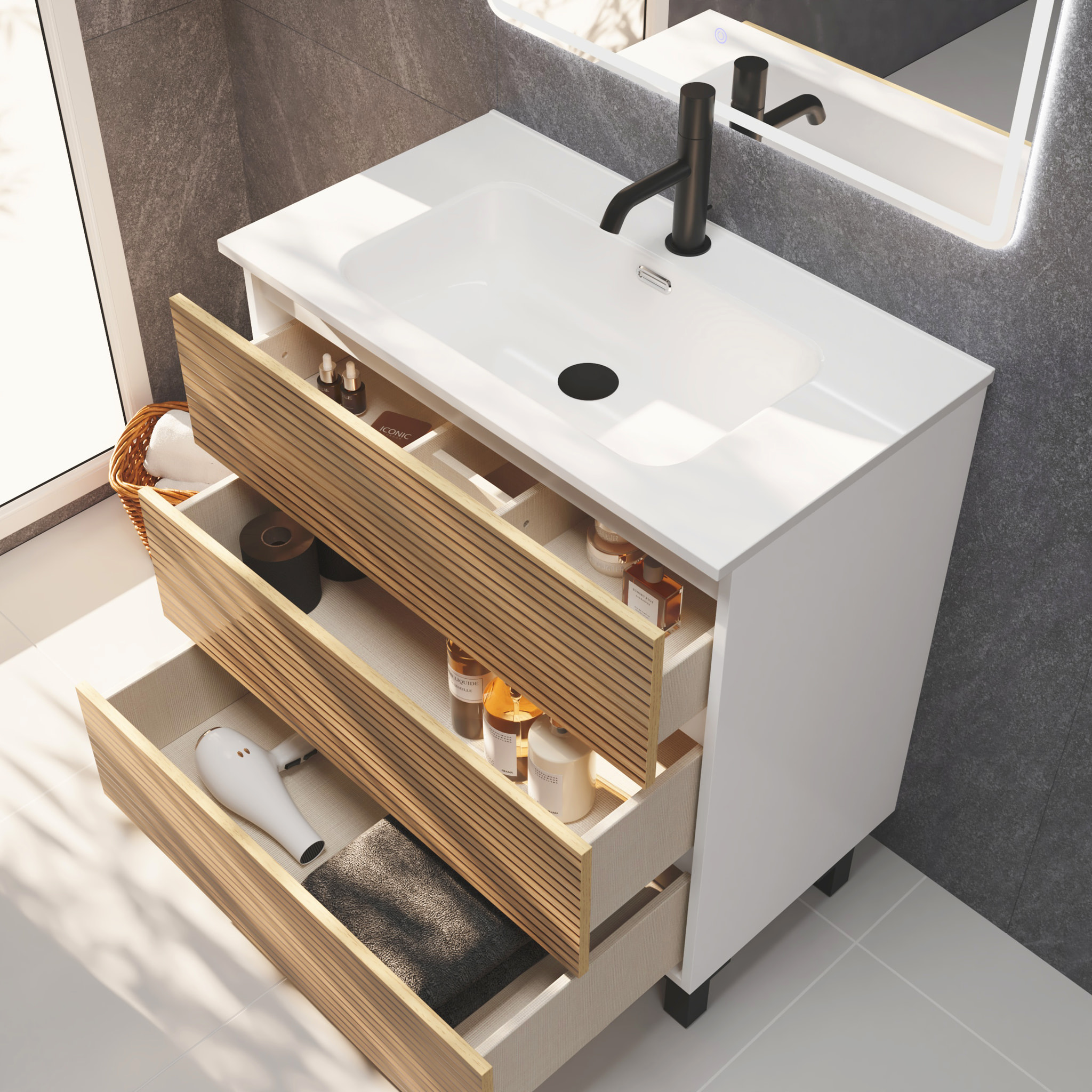 Meuble de Salle de Bain Yinu | 100 cm Blanc - Solomon | Trois Tiroirs | Lavabo Encastre | N'inclut pas Miroir | Meuble Monte | Alday