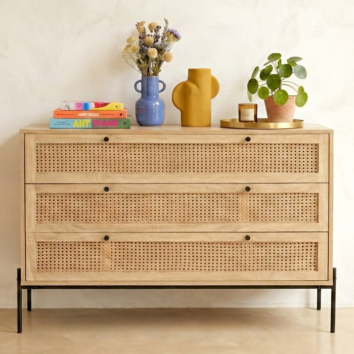 Commode 3 tiroirs en cannage et effet chêne - IRIS