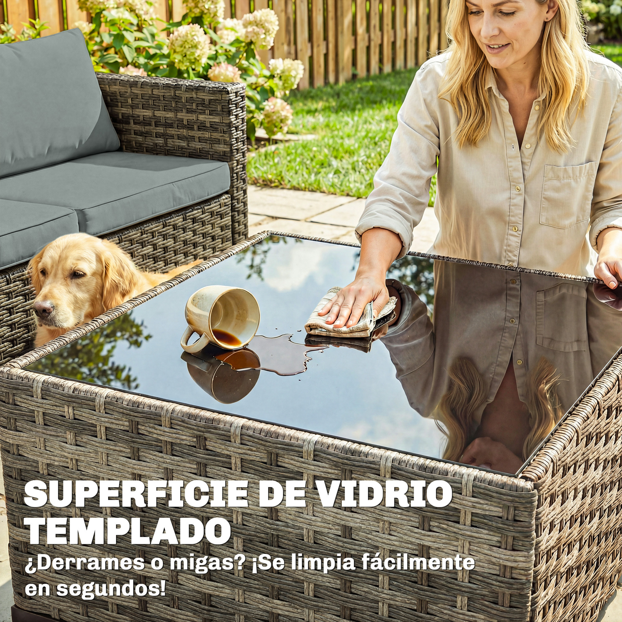 Conjunto de Jardín de Ratán de 5 Piezas, Conjunto Terraza Resistente, Muebles Jardín Exterior Incluye Cojines, 2 Sillones de Esquina, Sillón sin Brazos, Reposapiés y Mesa Centro, Gris Claro